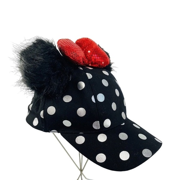 Disney Minnie Mouse Polka Dot Pom Pom Black Baseball Cap with red bow - Picture 2 of 5